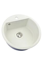 Fregadero redondo de granito GraniteMy Bremen 43 cm blanco para montaje sobre encimera y bajo encimera con orificio para grifo de banco con tapón de acero inoxidable 1208957356