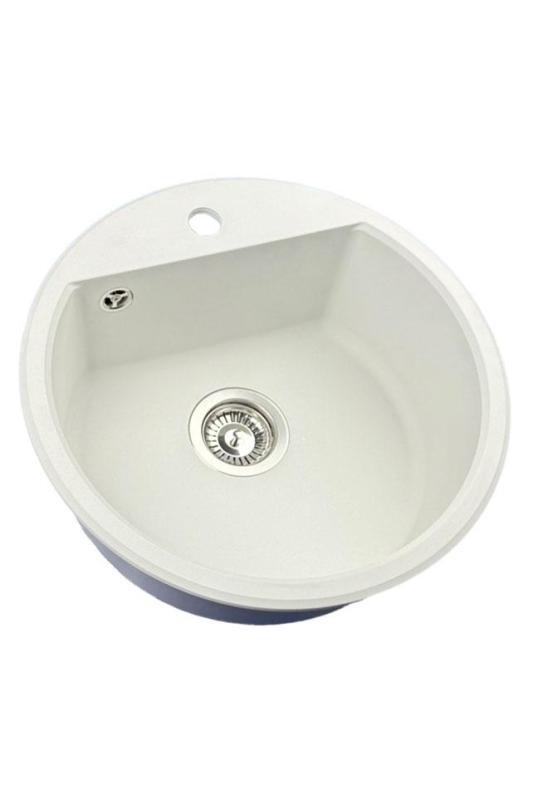 Fregadero redondo de granito GraniteMy Bremen 43 cm blanco para montaje sobre encimera y bajo encimera con orificio para grifo de banco con tapón de acero inoxidable 1208957356