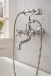 Mezclador AquaTrimo Vivaldi Classic para bañera vista con pomos fuertes en color cromado, incluye teleducha 43VV7372CM