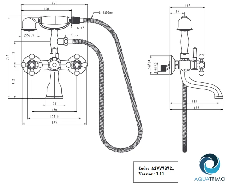 Mezclador AquaTrimo Vivaldi Classic para bañera vista con pomos fuertes en color cromado, incluye teleducha 43VV7372CM
