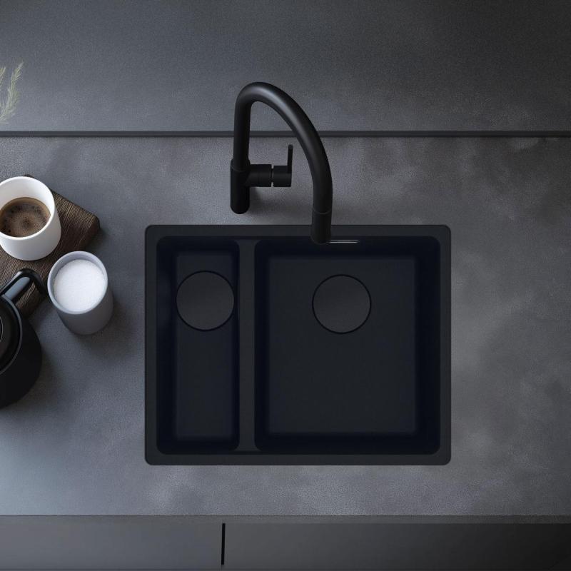 Franke Maris MRG 260/160-34-15 Edición negra de Fragranite fregadero de montaje plano negro mate gran taza a la derecha