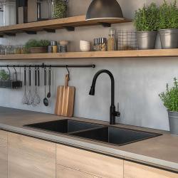 Franke Maris MRG 220/120-35-35 Edición negra de Fragranite mate doble fregadero empotrado plano