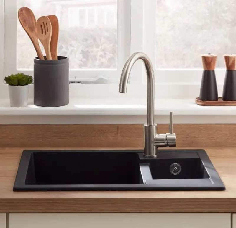 Fregadero GraniteMy Smart extraplano de granito de un seno y medio para montaje sobre encimera, negro reversible 58x44cm 1208957386