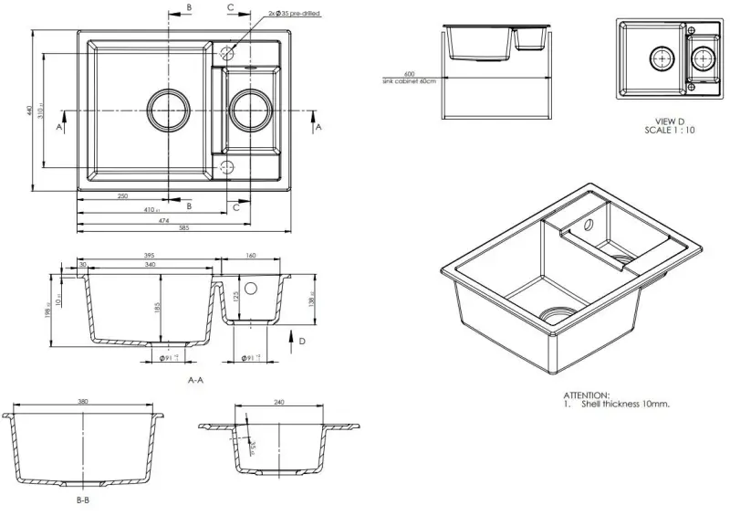Fregadero GraniteMy Smart extraplano de granito de un seno y medio para montaje sobre encimera, negro reversible 58x44cm 1208957386