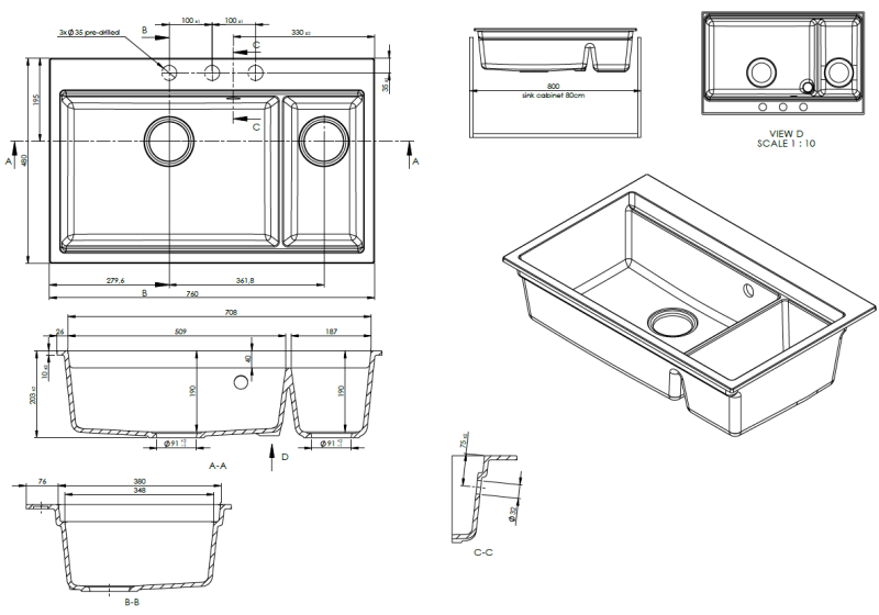 Fregadero GraniteMy Limited de un seno y medio de granito para montaje sobre encimera y bajo encimera, negro, incl. accesorio 76x48 cm 1208957389