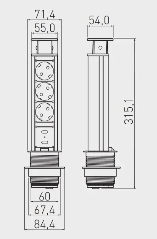 Multienchufe de cocina Indux Up & Down pequeño encastrado con toma de tierra tipo E para encimeras con 3 tomas y 2 x USB 1208957418