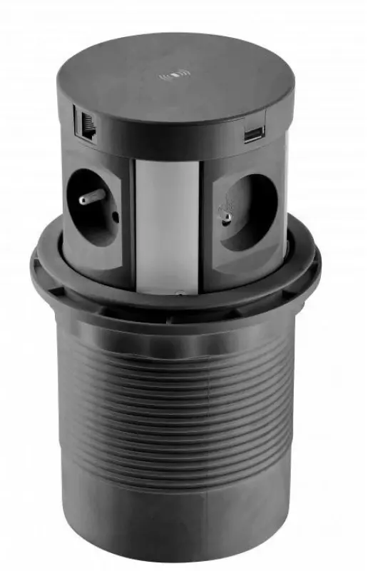 Enchufe de cocina retráctil Indux Push, toma de tierra tipo E negro para encimera con 4 tomas, 2 x USB, 2 x RJ45 y carga inalámbrica 1208957421