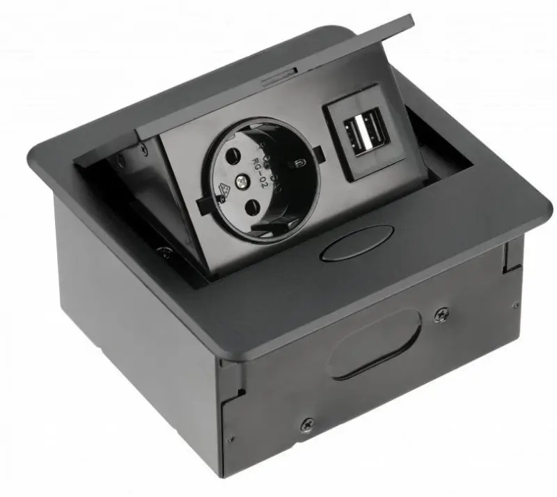 Enchufe de cocina Indux Flip Pequeño con toma de tierra tipo F, para encimera o mueble alto negro mate con 2 cargadores USB 1208957424