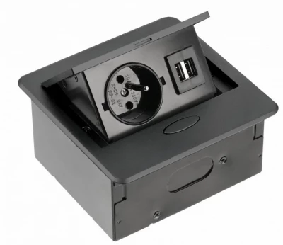 Indux Flip Small pin earthing kitchen socket for worktop or wall matt black with 2 USB chargers 1208957425