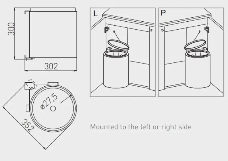 Cubo de basura Garbi Round R-40-1 empotrable 11 litros puede colocarse a la izquierda y a la derecha 1208957471