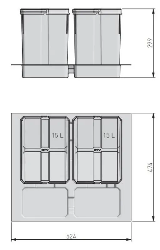 Sistema de clasificación de residuos Garbi Basket B-60-2 para cajón de 60cm incl. soporte y 2 cubos de basura 1208957474