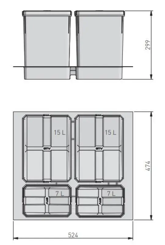 Sistema de clasificación de residuos Garbi Basket B-60-4 para cajón de 60cm incl. soporte y 4 cubos de basura 1208957475