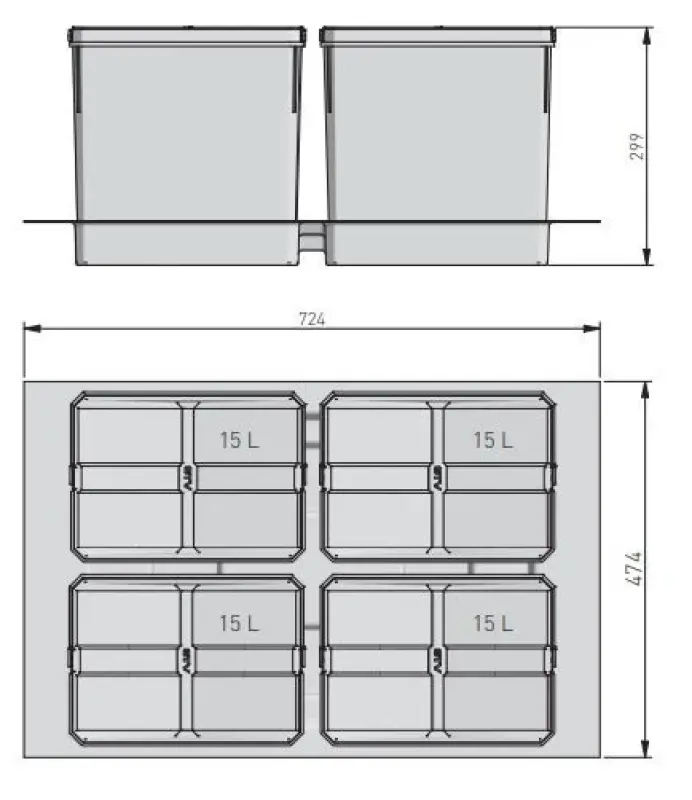 Sistema de clasificación de residuos Garbi Basket B-80-4-G para cajón de 80 cm incl. soporte y 4 cubos de basura de 15 litros 1208957478