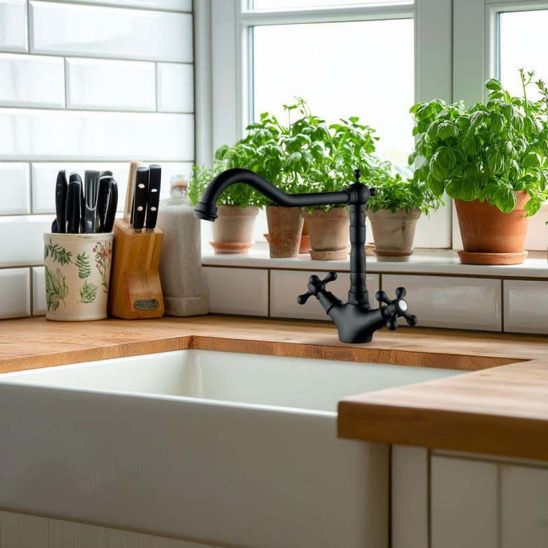 Grifo de cocina clásico AquaTrimo Windsor con caño acodado negro mate 21WS7531SW