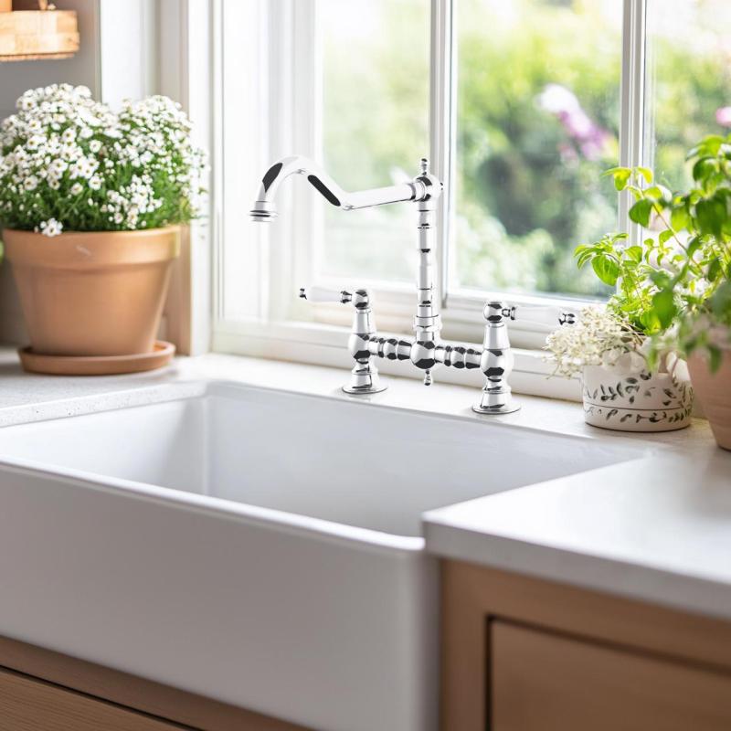 Grifo AquaTrimo Country de 2 orificios clásico de cocina nostálgic bridge  con caño acodado cromo 21CT7657CM