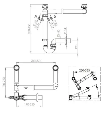 Ausmann double Siphon space-saving sink siphon for the kitchen with air vent and 2 dishwasher connections 1208957662