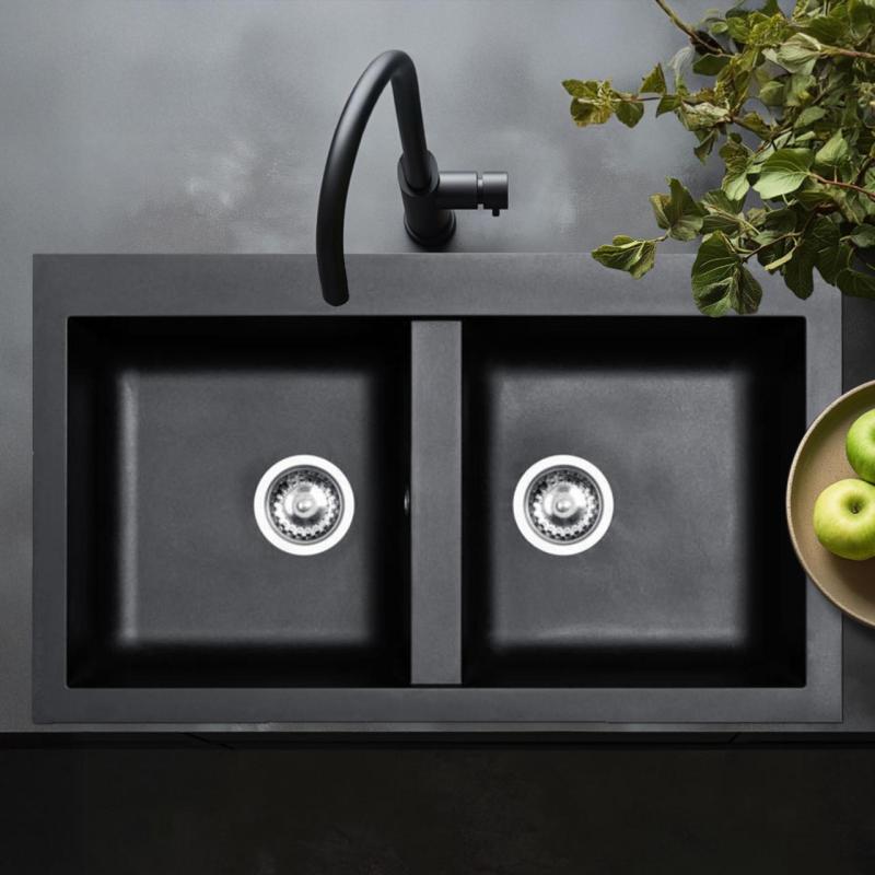 Fregadero doble Ausmann Fibre de fibra de vidrio negro para montaje sobre encimera 86x50cm 1208957669