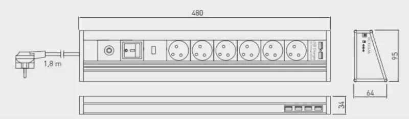 Multienchufe Indux esquinero e independiente de aluminio con 6 tomas de corriente,  toma de tierra tipo F y 6 USB 1208957851