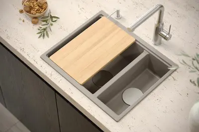 Quadri Newport II granite black inset and undermount sink 1,5-bowl 555x460mm  with stainless steel manual siphon 1208957861