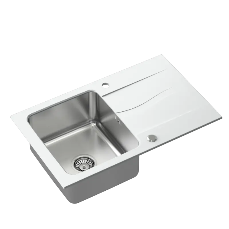 Fregadero para montaje sobre encimera Quadri Fusion de acero inoxidable con escurridor de granito blanco 78x48 reversible 1208957868