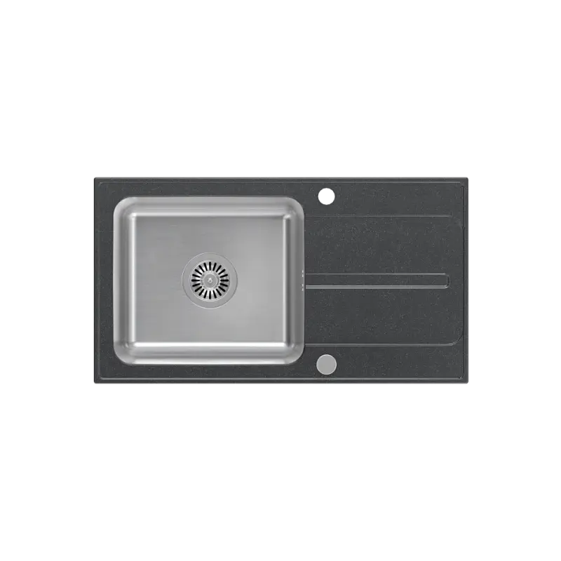 Fregadero para montaje sobre encimera Quadri Fusion de acero inoxidable con escurridor de granito bluestone punteado negro 78x43 reversible 1208957879