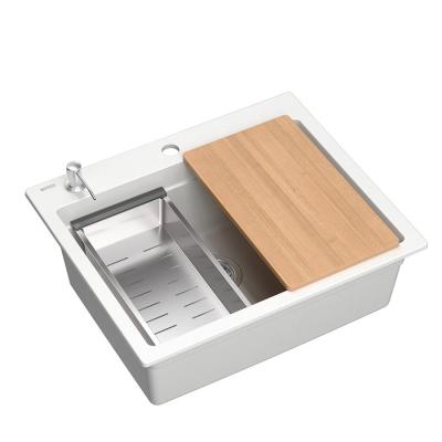 Quadri Durham white granite built-in sink 595x500 with soap dispenser, cutting board, roll mat, insert sink, and roll mat 1208957903