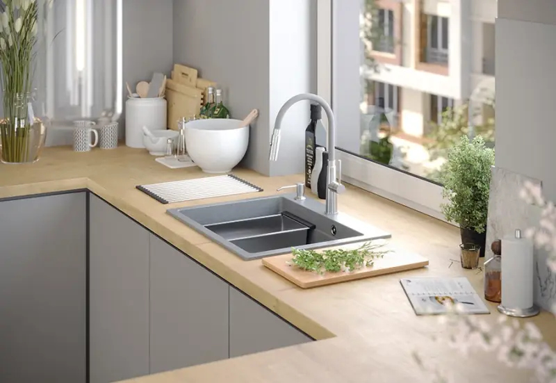 Quadri Durham fregadero de granito blanco empotrado de 595x500 con dispensador de jabón, tabla de cortar, alfombra enrollable, fregadero insertado y alfombra enrollable 1208957903