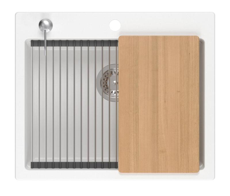 Quadri Durham fregadero de granito blanco empotrado de 595x500 con dispensador de jabón, tabla de cortar, alfombra enrollable, fregadero insertado y alfombra enrollable 1208957903