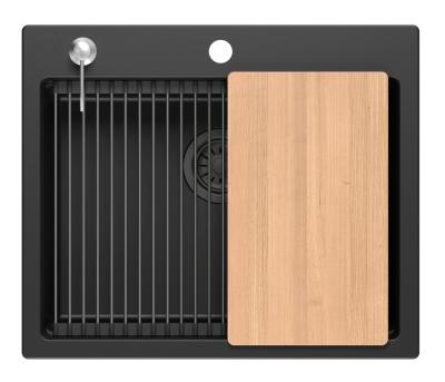 Quadri Durham black granite built-in sink 595x500 with soap dispenser, cutting board, insert sink and roll mat 1208957904