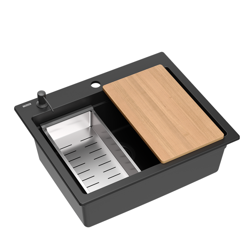 Quadri Durham pila de construcción de granito negro 595x500 con dispensador de jabón, tabla de cortar, fregadero insertado y alfombra enrollable 1208957904