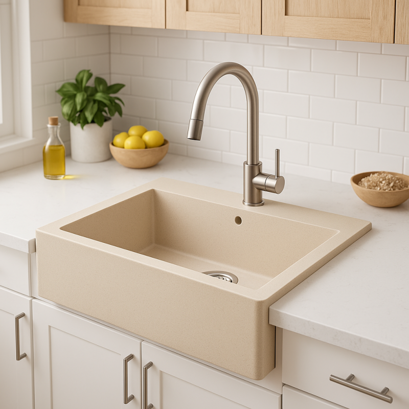 Fregadero de granito Aquadesign Farmhouse intermedio o sobre encimera beige arena 58x49cm 1208958164