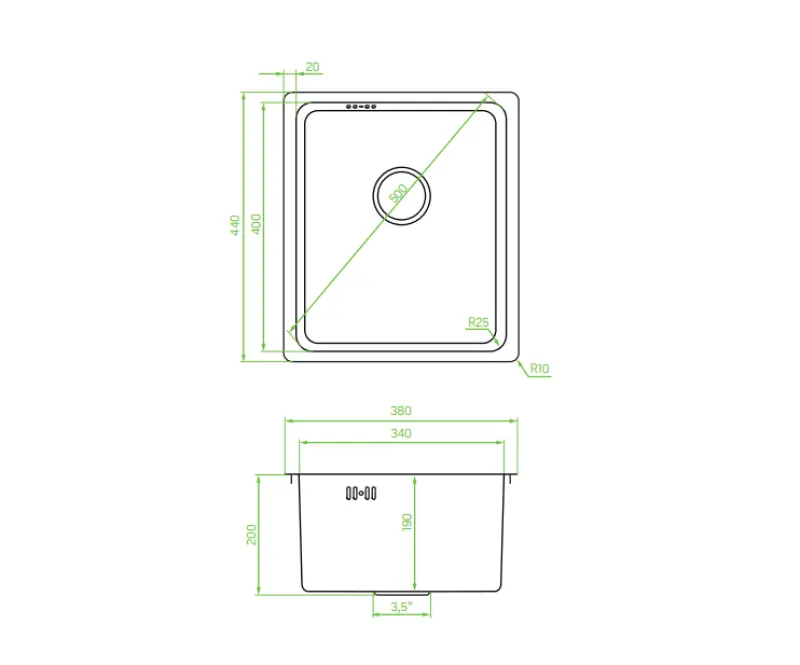 Aquadesign R25 fregadero de acero inoxidable con montura, base y encastrado plano, 34 x 40 cm, 1208958201