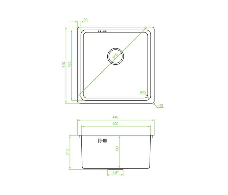 Aquadesign R25 fregadero con montura, base y encastrado en superficie, acero inoxidable 40 x 40 cm 1208958206