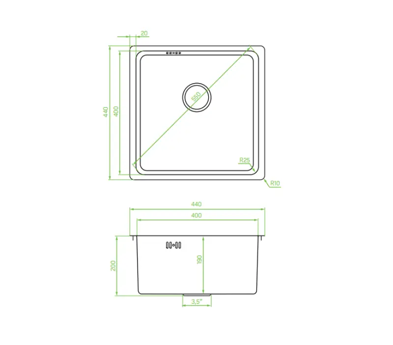 Fregadero Aquadesign R25 de acero para montaje sobre encimera, bajo encimera y enrasado gun metal 40x40cm 1208958207
