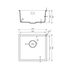 Fregadero Lorreine serie BQ 44x41cm bajo encimera negro con tapón dorado 40BQ37-FU-GOLD