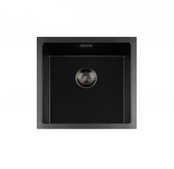 Fregadero Lorreine de la serie BQ 45x45cm sobre encimera negro con tapón gris plomo 40BQ-T-GUNMETAL