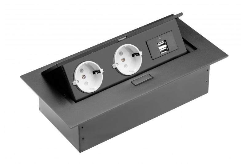 Cable alargador para escritorio, 2 enchufes Schuko, 2 puertos USB, sin cable, negro 1208958686