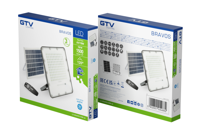 Foco LED solar BRAVOS, 150W, 1500lm, 6400K, IP65, 120°, panel solar, control remoto, 3y 1208962682