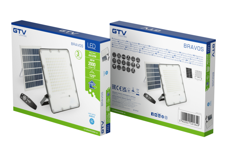 Foco LED BRAVOS, 200W, 2000lm, 6400K, IP65, 120°, panel solar, control remoto, 3y 1208962683