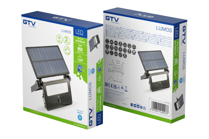 Foco LED solar LUMOS, con sensor de movimiento, 10W, 850lm, 6400K, IP65, 120°, panel solar, 3y 1208962938