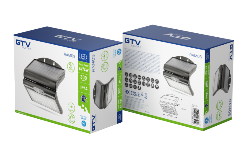 RAMOS Solar Facade Luminaria con Sensor de Movimiento/Anochecer, 50W, 300lm, 3,7V 1800mAh, IP44, 6000K, Negro 1208963115