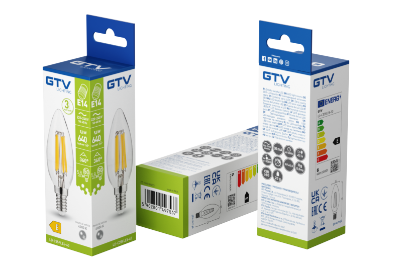 FUENTE DE LUZ LED, FILAMENTO, A-G, C35, 4000K, E14, 5,8W, AC220-240V, 360°, 640lm, 50mA 1208966965