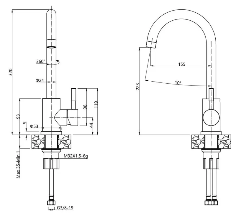 Conjunto Quadri Dixton 50 con fregadero de acero inoxidable 500x450 mm con orificio para grifo montado sobre encimera y grifo de cocina Coventry de acero inoxidable