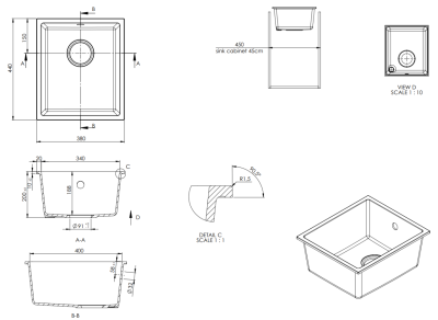 GraniteMy Universal granite black sink 34x40 cm black top-mounted undermount and flush-mount with stainless steel plug 1208967106