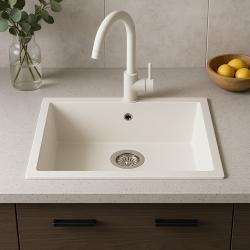 GraniteMy Universal fregadero de granito blanco 55x40 cm blanco, instalación superior, instalación inferior y instalación a ras con tapón de acero inoxidable 1208967109.