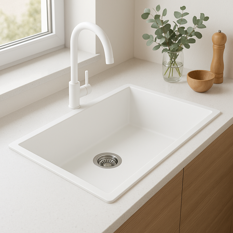 Fregadero GraniteMy Universal de granito blanco grande 74x40 cm blanco de montaje sobre encimera, bajo encimera y enrasado con tapón de acero inoxidable 1208967111