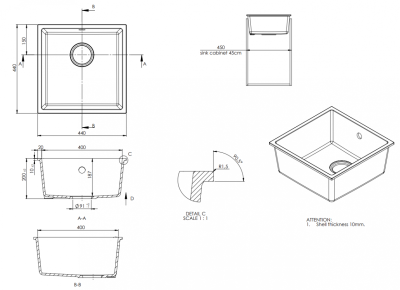 GraniteMy Universal granite black sink 40x40 cm black top-mounted undermount and flush-mount with black plug 1208967112