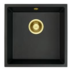 Fregadero GraniteMy Universal granito negro 40x40 cm negro sobre encimera, bajo encimera y enrasado con tapón dorado 1208967113
