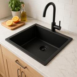 Fregadero GraniteMy Universal de granito negro 50x40 cm negro de montaje sobre encimera, bajo encimera y enrasado con tapón negro 1208967129