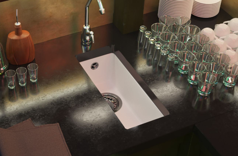 Fregadero GraniteMy Universal pequeño de granito blanco 17x40 cm blanco de montaje sobre encimera, bajo encimera y enrasado con tapón dorado 1208967138